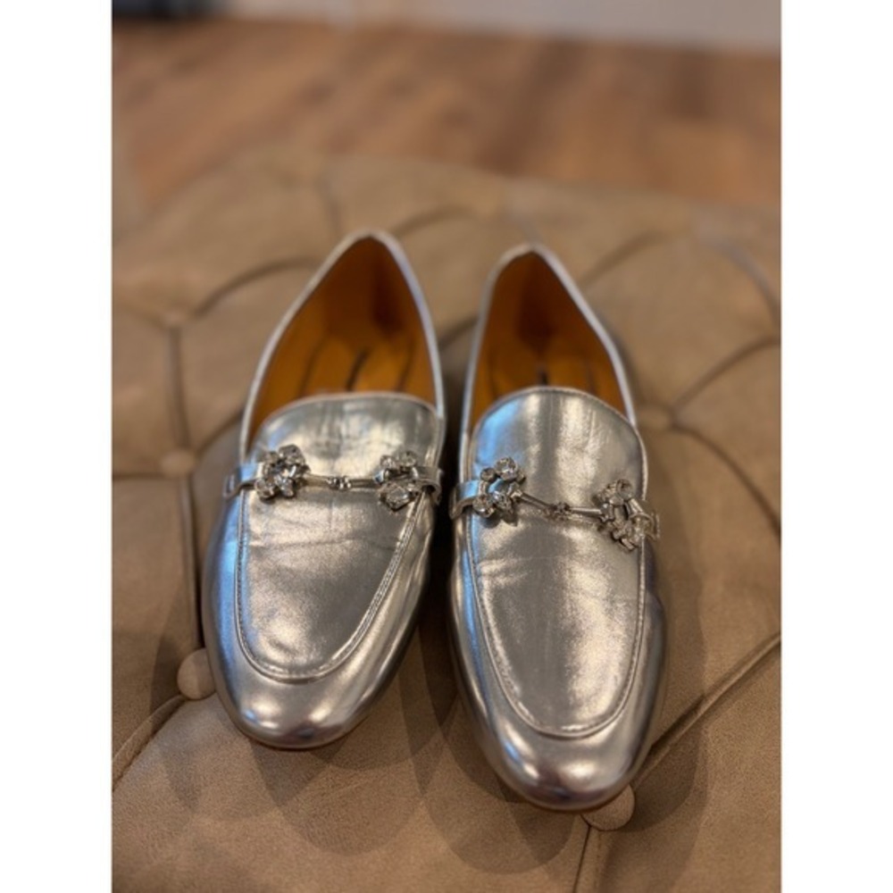 Nine‎ West Silver Metallic Rhinestone Crystal Bit Loafers Womens 9.5M Flats
